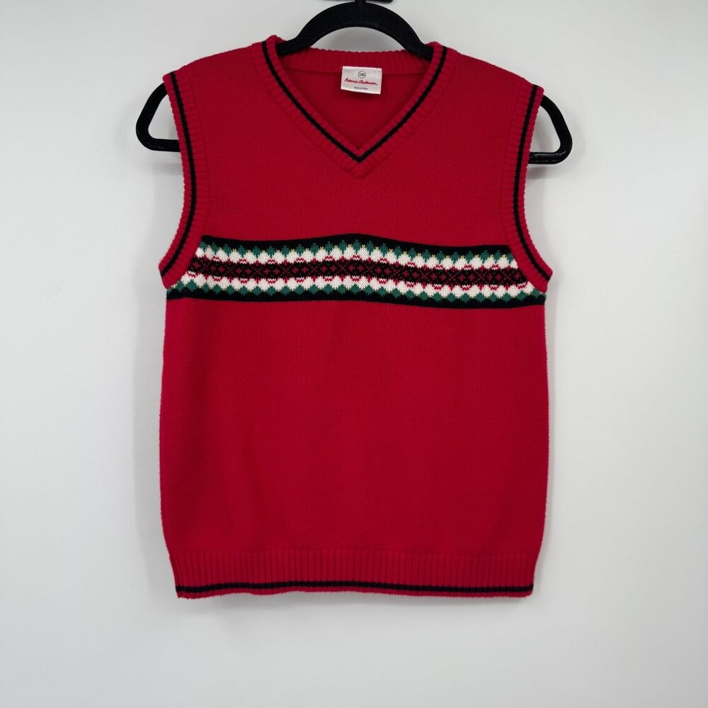 Hanna Andersson Red Vest Nordic Sweater Cotton Pullover Navy Trim Size 140  10